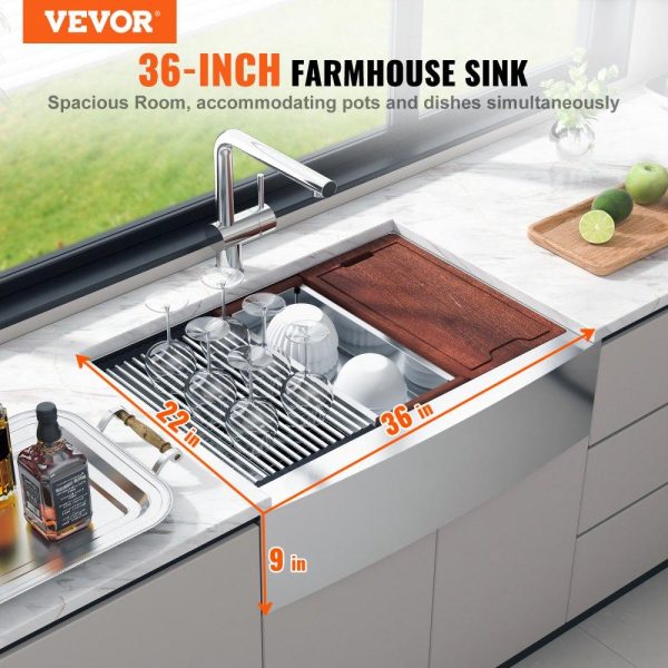 Restaurant Faucets & Plumbing & Sinks | Farmhouse Kitchen Sink, 304 Stainless Steel Drop-In Sinks, Single Bowl Basin with Ledge & Accessories, Household Dishwasher Sinks for Workstation, Prep Kitchen, and Bar Sink, 36 inch Restaurant & Food Service Restaurant Faucets & Plumbing & Sinks