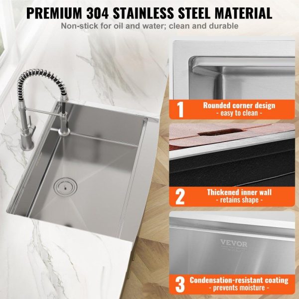 Restaurant Faucets & Plumbing & Sinks | Farmhouse Kitchen Sink, 304 Stainless Steel Drop-In Sinks, Single Bowl Basin with Ledge & Accessories, Household Dishwasher Sinks for Workstation, Prep Kitchen, and Bar Sink, 30 inch Restaurant & Food Service Restaurant Faucets & Plumbing & Sinks