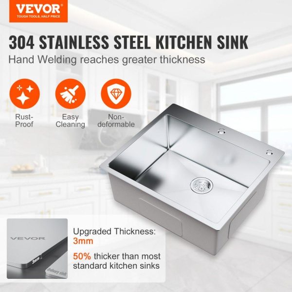 Restaurant Faucets & Plumbing & Sinks | Kitchen Sink, 304 Stainless Steel Drop-In Sinks, Top Mount Single Bowl Basin with Accessories(Pack of 2), Household Dishwasher Sinks for Workstation, RV, Prep Kitchen, and Bar Sink, 25 inch Restaurant & Food Service Restaurant Faucets & Plumbing & Sinks