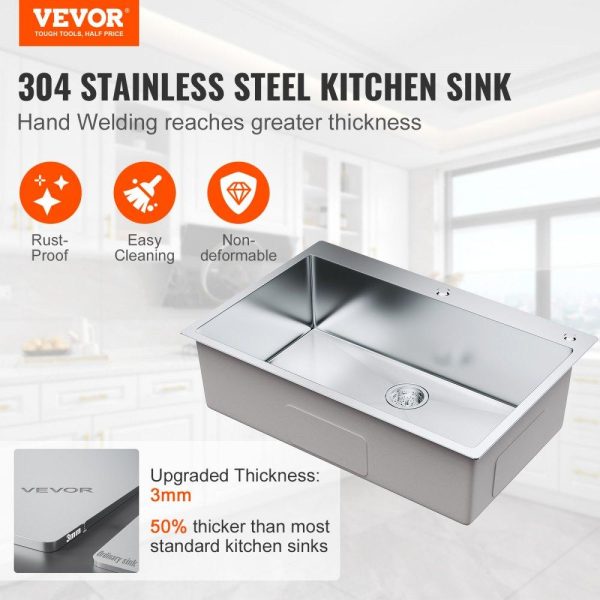 Restaurant Faucets & Plumbing & Sinks | Kitchen Sink, 304 Stainless Steel Drop-In Sinks, Top Mount Single Bowl Basin with Accessories(Pack of 3), Household Dishwasher Sinks for Workstation, RV, Prep Kitchen, and Bar Sink, 33 inch Restaurant & Food Service Restaurant Faucets & Plumbing & Sinks