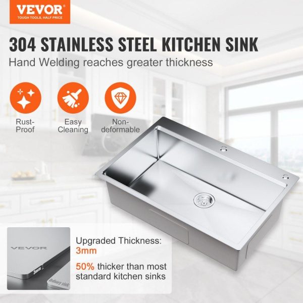 Restaurant Faucets & Plumbing & Sinks | Kitchen Sink, 304 Stainless Steel Drop-In Sinks, Top Mount Single Bowl Basin with Ledge and Accessories, Household Dishwasher Sinks for Workstation, RV, Prep Kitchen, and Bar Sink, 33 inch Restaurant & Food Service Restaurant Faucets & Plumbing & Sinks