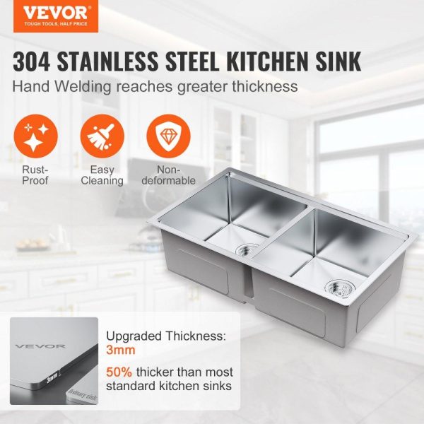 Restaurant Faucets & Plumbing & Sinks | Kitchen Sink, 304 Stainless Steel Drop-In Sinks, Undermount Double Bowls Basin with Ledge and Accessories, Household Dishwasher Sinks for Workstation, RV, Prep Kitchen, and Bar Sink, 33 inch Restaurant & Food Service Restaurant Faucets & Plumbing & Sinks