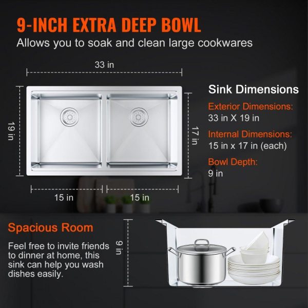 Restaurant Faucets & Plumbing & Sinks | Kitchen Sink, 304 Stainless Steel Drop-In Sinks, Undermount Double Bowls Basin with Ledge and Accessories, Household Dishwasher Sinks for Workstation, RV, Prep Kitchen, and Bar Sink, 33 inch Restaurant & Food Service Restaurant Faucets & Plumbing & Sinks