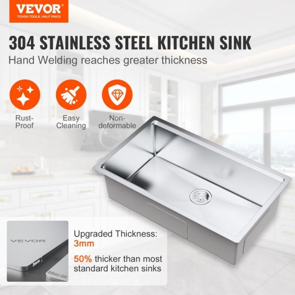 Restaurant Faucets & Plumbing & Sinks | Kitchen Sink, 304 Stainless Steel Drop-In Sinks, Undermount Single Bowl Basin with Ledge and Accessories, Household Dishwasher Sinks for Workstation, RV, Prep Kitchen, and Bar Sink, 32 inch Restaurant & Food Service Restaurant Faucets & Plumbing & Sinks