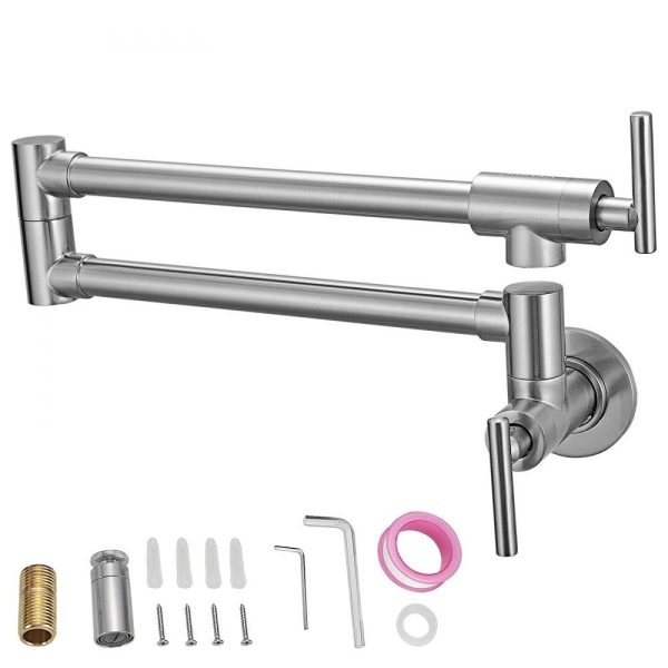 Restaurant Faucets & Plumbing & Sinks | Pot Filler Faucet, Solid Brass Commercial Wall Mount Kitchen Stove Faucet with Gold Brushed Finish, Folding Restaurant Sink Faucet with Double Joint Swing Arm & 2 Handles Brushed Nickel Color Restaurant & Food Service Brushed Nickel Color