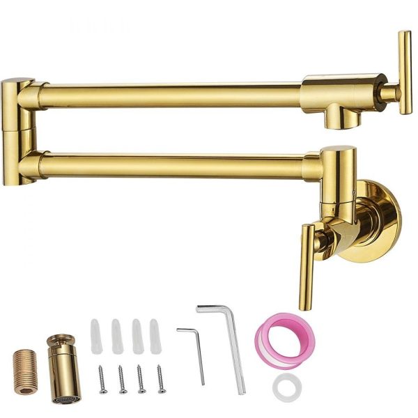 Restaurant Faucets & Plumbing & Sinks | Pot Filler Faucet, Solid Brass Commercial Wall Mount Kitchen Stove Faucet with Gold Brushed Finish, Folding Restaurant Sink Faucet with Double Joint Swing Arm & 2 Handles Golden Restaurant & Food Service Golden