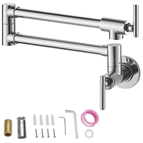 Restaurant Faucets & Plumbing & Sinks | Pot Filler Faucet, Solid Brass Commercial Wall Mount Kitchen Stove Faucet with Gold Brushed Finish, Folding Restaurant Sink Faucet with Double Joint Swing Arm & 2 Handles Silver Restaurant & Food Service Restaurant Faucets & Plumbing & Sinks