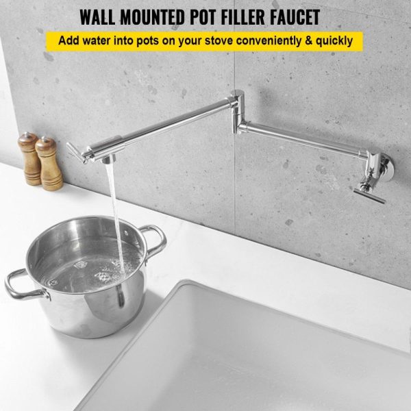 Restaurant Faucets & Plumbing & Sinks | Pot Filler Faucet, Solid Brass Commercial Wall Mount Kitchen Stove Faucet with Gold Brushed Finish, Folding Restaurant Sink Faucet with Double Joint Swing Arm & 2 Handles Silver Restaurant & Food Service Restaurant Faucets & Plumbing & Sinks