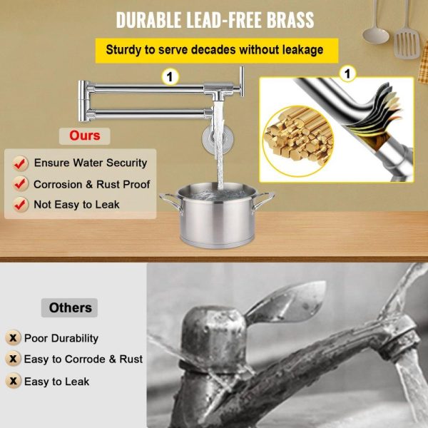 Restaurant Faucets & Plumbing & Sinks | Pot Filler Faucet, Solid Brass Commercial Wall Mount Kitchen Stove Faucet with Gold Brushed Finish, Folding Restaurant Sink Faucet with Double Joint Swing Arm & 2 Handles Silver Restaurant & Food Service Restaurant Faucets & Plumbing & Sinks