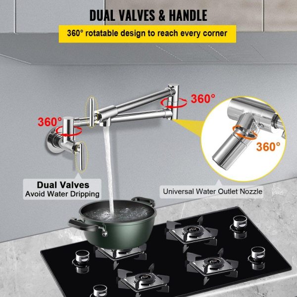 Restaurant Faucets & Plumbing & Sinks | Pot Filler Faucet, Solid Brass Commercial Wall Mount Kitchen Stove Faucet with Gold Brushed Finish, Folding Restaurant Sink Faucet with Double Joint Swing Arm & 2 Handles Silver Restaurant & Food Service Restaurant Faucets & Plumbing & Sinks