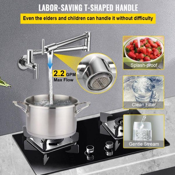 Restaurant Faucets & Plumbing & Sinks | Pot Filler Faucet, Solid Brass Commercial Wall Mount Kitchen Stove Faucet with Gold Brushed Finish, Folding Restaurant Sink Faucet with Double Joint Swing Arm & 2 Handles Silver Restaurant & Food Service Restaurant Faucets & Plumbing & Sinks