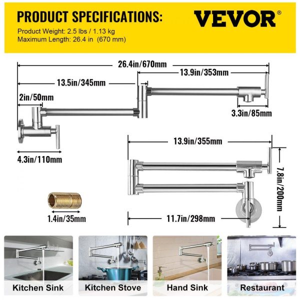 Restaurant Faucets & Plumbing & Sinks | Pot Filler Faucet, Solid Brass Commercial Wall Mount Kitchen Stove Faucet with Gold Brushed Finish, Folding Restaurant Sink Faucet with Double Joint Swing Arm & 2 Handles Silver Restaurant & Food Service Restaurant Faucets & Plumbing & Sinks