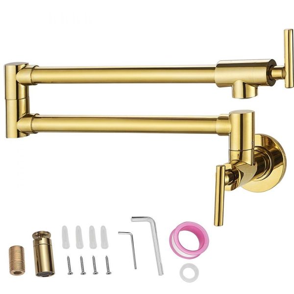 Restaurant Faucets & Plumbing & Sinks | Pot Filler Faucet, Solid Brass Commercial Wall Mount Kitchen Stove Faucet with Gold Finish, Folding Restaurant Sink Faucet with Double Joint Swing Arm & 2 Handles 24.4″ Golden Restaurant & Food Service Golden