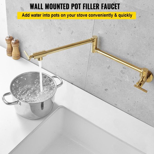 Restaurant Faucets & Plumbing & Sinks | Pot Filler Faucet, Solid Brass Commercial Wall Mount Kitchen Stove Faucet with Gold Finish, Folding Restaurant Sink Faucet with Double Joint Swing Arm & 2 Handles 24.4″ Golden Restaurant & Food Service Golden