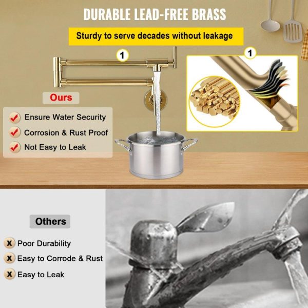 Restaurant Faucets & Plumbing & Sinks | Pot Filler Faucet, Solid Brass Commercial Wall Mount Kitchen Stove Faucet with Gold Finish, Folding Restaurant Sink Faucet with Double Joint Swing Arm & 2 Handles 24.4″ Golden Restaurant & Food Service Golden