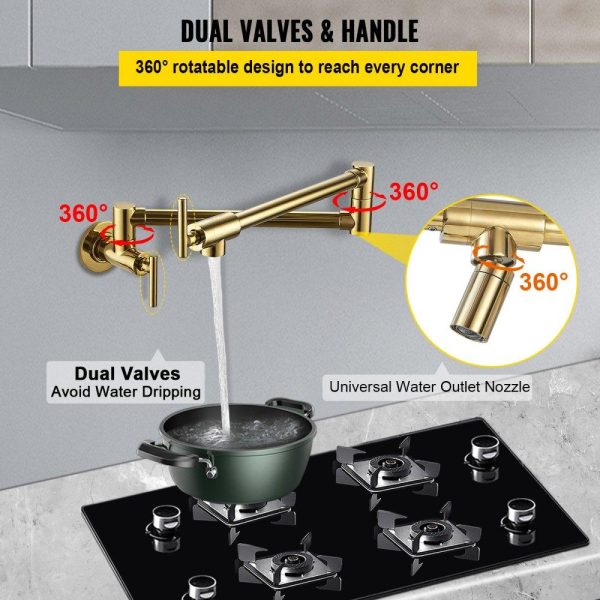 Restaurant Faucets & Plumbing & Sinks | Pot Filler Faucet, Solid Brass Commercial Wall Mount Kitchen Stove Faucet with Gold Finish, Folding Restaurant Sink Faucet with Double Joint Swing Arm & 2 Handles 24.4″ Golden Restaurant & Food Service Golden