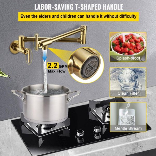 Restaurant Faucets & Plumbing & Sinks | Pot Filler Faucet, Solid Brass Commercial Wall Mount Kitchen Stove Faucet with Gold Finish, Folding Restaurant Sink Faucet with Double Joint Swing Arm & 2 Handles 24.4″ Golden Restaurant & Food Service Golden