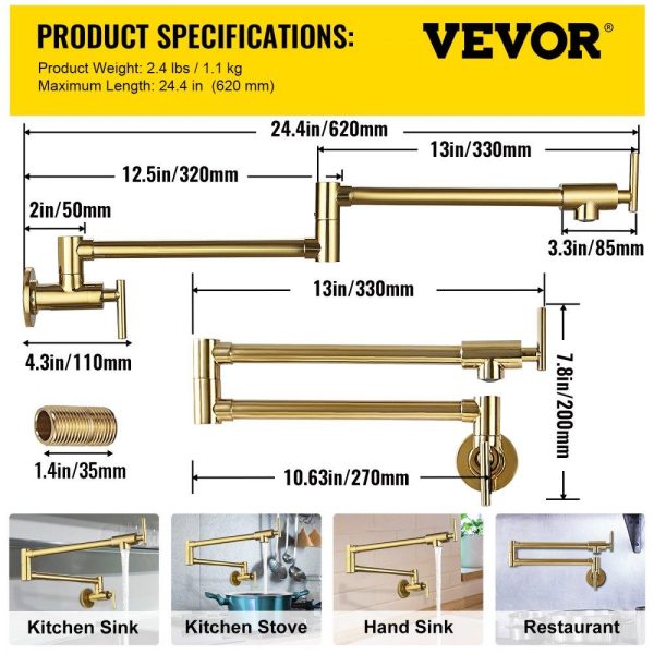 Restaurant Faucets & Plumbing & Sinks | Pot Filler Faucet, Solid Brass Commercial Wall Mount Kitchen Stove Faucet with Gold Finish, Folding Restaurant Sink Faucet with Double Joint Swing Arm & 2 Handles 24.4″ Golden Restaurant & Food Service Golden