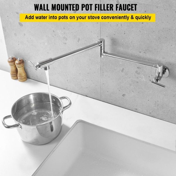 Restaurant Faucets & Plumbing & Sinks | Pot Filler Faucet, Solid Brass Commercial Wall Mount Kitchen Stove Faucet with Matte Black Finish, Folding Restaurant Sink Faucet with Double Joint Swing Arm & 2 Handles 24.4″ Silver Restaurant & Food Service Restaurant Faucets & Plumbing & Sinks