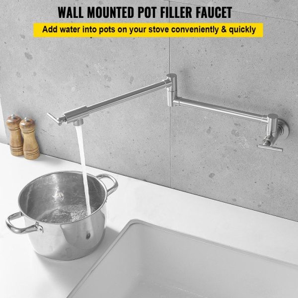 Restaurant Faucets & Plumbing & Sinks | Pot Filler Faucet, Solid Brass Commercial Wall Mount Kitchen Stove Faucet with Matte Black Finish, Folding Restaurant Sink Faucet with Double Joint Swing Arm & 2 Handles 24.4″ Brushed Nickel Color Restaurant & Food Service Brushed Nickel Color