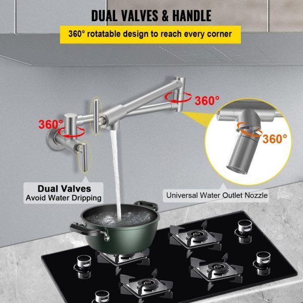 Restaurant Faucets & Plumbing & Sinks | Pot Filler Faucet, Solid Brass Commercial Wall Mount Kitchen Stove Faucet with Matte Black Finish, Folding Restaurant Sink Faucet with Double Joint Swing Arm & 2 Handles 24.4″ Brushed Nickel Color Restaurant & Food Service Brushed Nickel Color