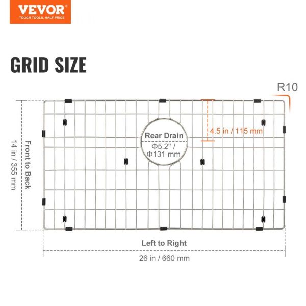 Restaurant Faucets & Plumbing & Sinks | Sink Protector Grid, 26″x14″ Stainless Steel Sink Grates, Rear Drain Sink Grates with R25 Corner Radius, Large Sink Bottom Grids, Universal Bowl Rack Sink Accessories, For Kitchen Sink, Silver Restaurant & Food Service Restaurant Faucets & Plumbing & Sinks