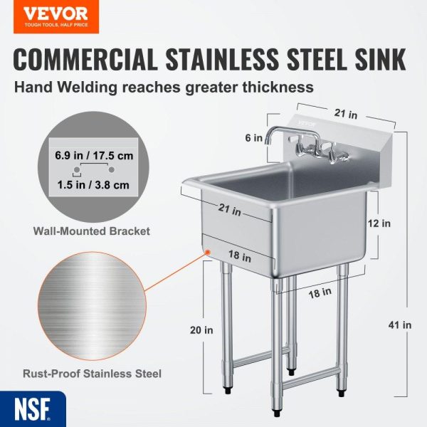 Restaurant Faucets & Plumbing & Sinks | Stainless Steel Prep & Utility Sink, 1 Compartment Free Standing Small Sink Include Faucet & legs, 21″x41″ Commercial Single Bowl Sinks for Garage, Restaurant, Kitchen, Laundry, NSF Certified Restaurant & Food Service Restaurant Faucets & Plumbing & Sinks