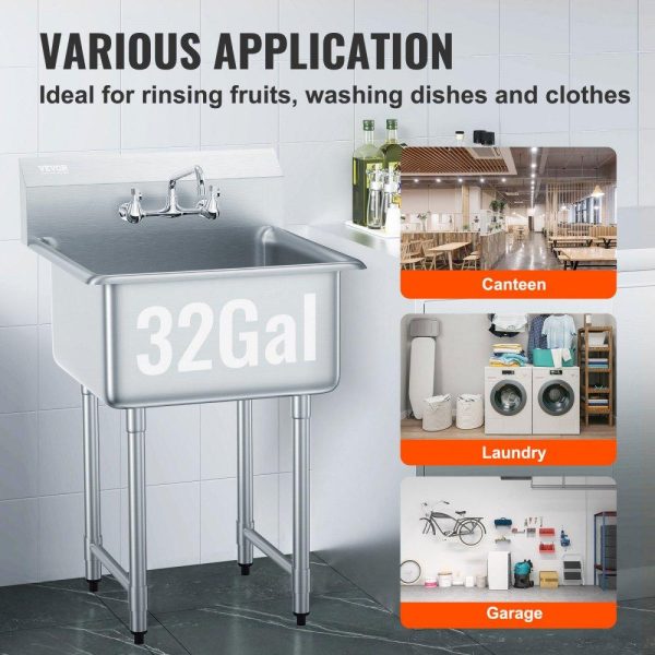 Restaurant Faucets & Plumbing & Sinks | Stainless Steel Prep & Utility Sink, 1 Compartment Free Standing Small Sink Include Faucet & legs, 27″x41″ Commercial Single Bowl Sinks for Garage, Restaurant, Kitchen, Laundry, NSF Certified Restaurant & Food Service Restaurant Faucets & Plumbing & Sinks