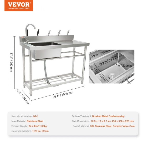 Restaurant Faucets & Plumbing & Sinks | Stainless Steel Utility Sink, 1 Compartment Free Standing Small Sink w/Workbench Faucet & legs, 39.4 x 19.1 x 37.4 in Commercial Single Bowl Sinks for Garage, Restaurant, Laundry, NSF Certified Restaurant & Food Service Restaurant Faucets & Plumbing & Sinks