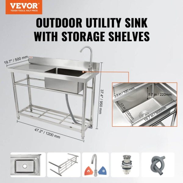 Restaurant Faucets & Plumbing & Sinks | Stainless Steel Utility Sink, 1 Compartment Free Standing Small Sink w/Workbench Faucet & legs, 47.2 x 19.7 x 37.4 in Commercial Single Bowl Sinks for Garage, Restaurant, Laundry, NSF Certified Restaurant & Food Service Restaurant Faucets & Plumbing & Sinks