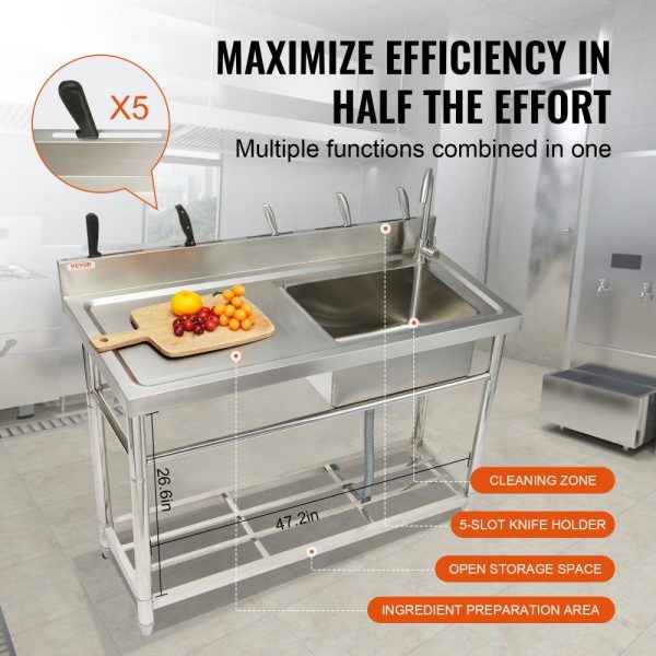 Restaurant Faucets & Plumbing & Sinks | Stainless Steel Utility Sink, 1 Compartment Free Standing Small Sink w/Workbench Faucet & legs, 47.2 x 19.7 x 37.4 in Commercial Single Bowl Sinks for Garage, Restaurant, Laundry, NSF Certified Restaurant & Food Service Restaurant Faucets & Plumbing & Sinks