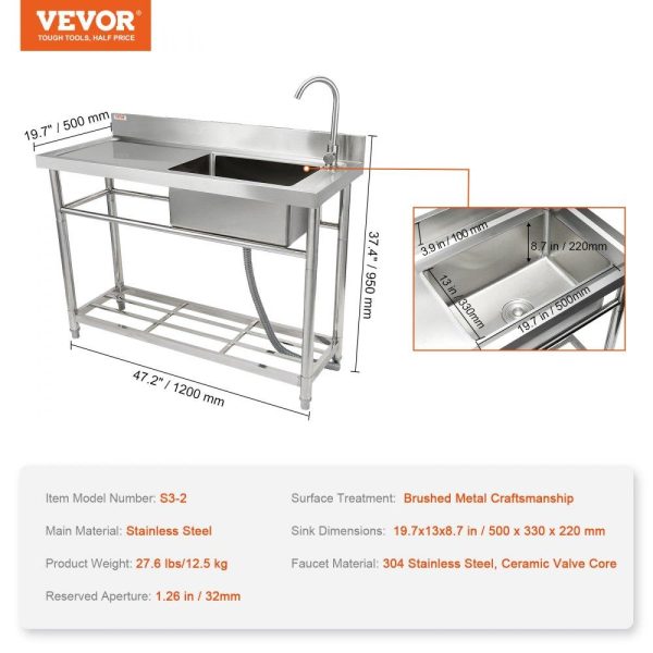 Restaurant Faucets & Plumbing & Sinks | Stainless Steel Utility Sink, 1 Compartment Free Standing Small Sink w/Workbench Faucet & legs, 47.2 x 19.7 x 37.4 in Commercial Single Bowl Sinks for Garage, Restaurant, Laundry, NSF Certified Restaurant & Food Service Restaurant Faucets & Plumbing & Sinks