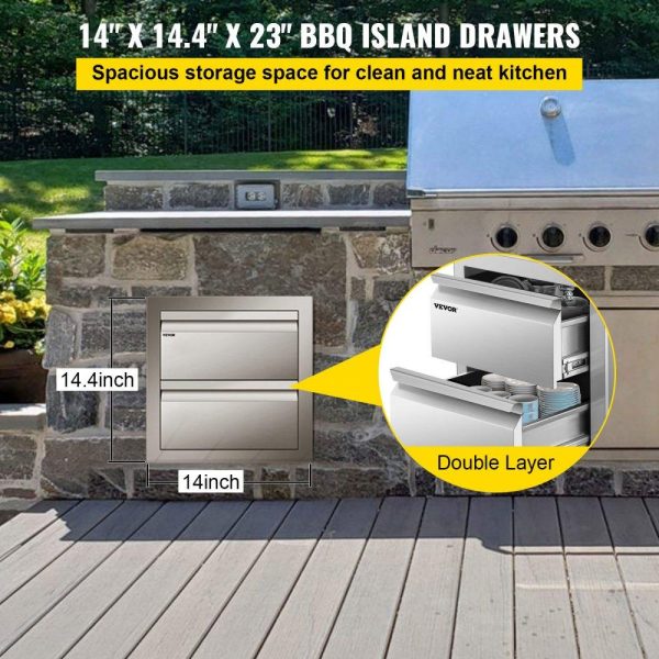 Restaurant Furniture | 14W x 14.5H x 23D Inch Flush Mount Stainless Steel Double Drawers with Recessed Handles for Outdoor Kitchens or BBQ Island Restaurant & Food Service Restaurant Furniture