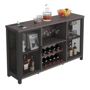 Restaurant Furniture | 47 Inch Industrial Bar Cabinet, Wine Table for Liquor & Glasses, Sideboard Buffet Cabinet with Wine Rack, Freestanding Farmhouse Wood Coffee Bar Cabinet for Living Room, Home Bar, Kitchen White Restaurant & Food Service Restaurant Furniture