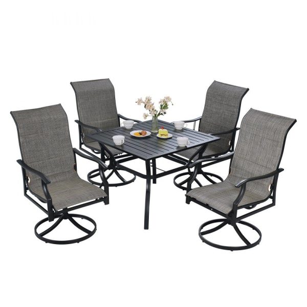 Restaurant Furniture | 5 Pieces Patio Dining Set, Outdoor Furniture Table and Swivel Chairs Set, All Weather Garden Furniture Table Sets, Iron Patio Conversation Set with Umbrella Hole, For Lawn, Deck, Backyard, Black Restaurant & Food Service Restaurant Furniture