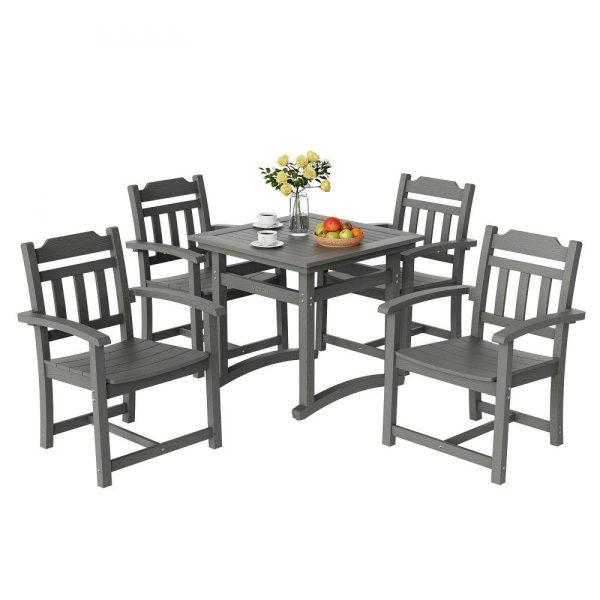 Restaurant Furniture | 5 Pieces Patio Dining Set, Outdoor Square Furniture Table and Chairs, All Weather Garden Furniture Table Sets, HIPS Small Patio Conversation Set, For Lawn, Deck, Backyard, Poolside, Light Gray Restaurant & Food Service Restaurant Furniture