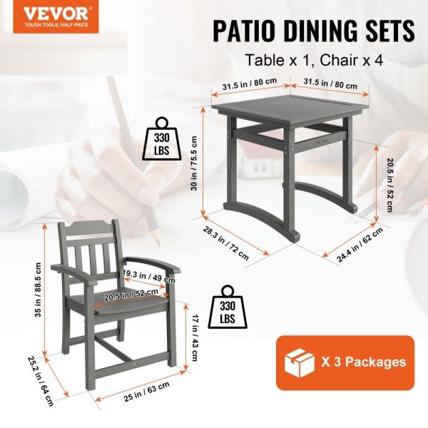 Restaurant Furniture | 5 Pieces Patio Dining Set, Outdoor Square Furniture Table and Chairs, All Weather Garden Furniture Table Sets, HIPS Small Patio Conversation Set, For Lawn, Deck, Backyard, Poolside, Light Gray Restaurant & Food Service Restaurant Furniture