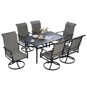 Restaurant Furniture | 7 Pieces Patio Dining Set, Outdoor Furniture Table and Swivel Chairs Set, All Weather Garden Furniture Table Sets, Iron Patio Conversation Set with Umbrella Hole, For Lawn, Deck, Backyard, Black Restaurant & Food Service Restaurant Furniture