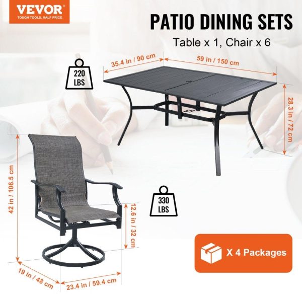 Restaurant Furniture | 7 Pieces Patio Dining Set, Outdoor Furniture Table and Swivel Chairs Set, All Weather Garden Furniture Table Sets, Iron Patio Conversation Set with Umbrella Hole, For Lawn, Deck, Backyard, Black Restaurant & Food Service Restaurant Furniture