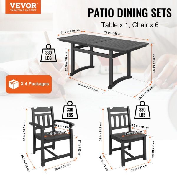 Restaurant Furniture | 7 Pieces Patio Dining Set, Outdoor Rectangle Furniture Table and Chairs Set, All Weather Garden Furniture Table Sets, HIPS Patio Conversation Set, For Lawn, Deck, Backyard, Poolside, Black Restaurant & Food Service Restaurant Furniture