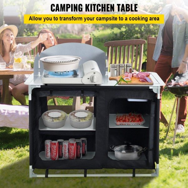 Restaurant Furniture | Aluminum Portable Camping Kitchen Detachable Windscreen Storage Organizer & Carrying Bag, Outdoor Grill Station for Picnic BBQ & Backyards, Black Black Restaurant & Food Service Black