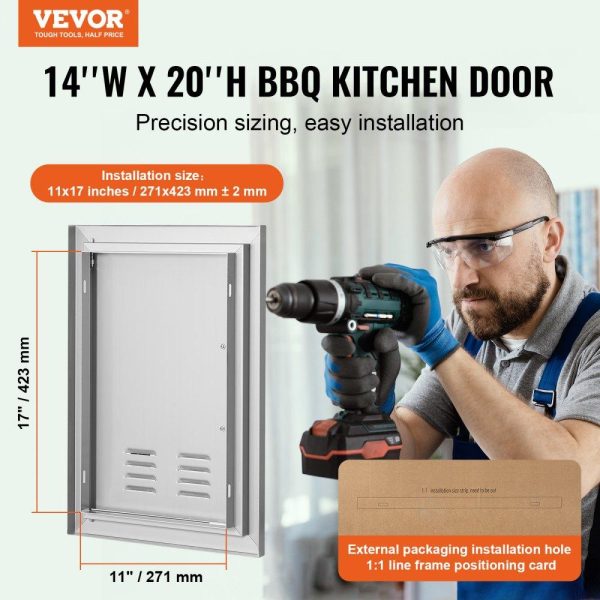 Restaurant Furniture | BBQ Access Door, 14W x 20H Inch Single Outdoor Kitchen Door, Stainless Steel Flush Mount Door, Wall Vertical Door with Handle and vents, for BBQ Island, Grilling Station, Outside Cabinet Silver Restaurant & Food Service Restaurant Furniture