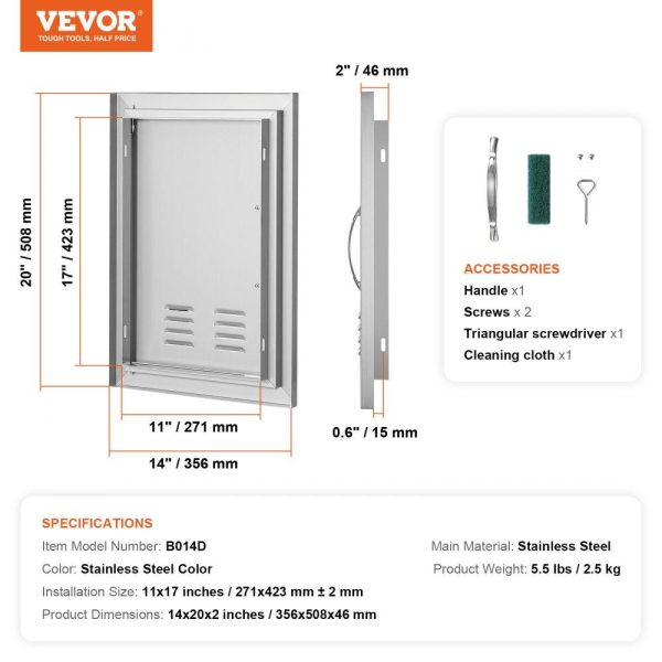 Restaurant Furniture | BBQ Access Door, 14W x 20H Inch Single Outdoor Kitchen Door, Stainless Steel Flush Mount Door, Wall Vertical Door with Handle and vents, for BBQ Island, Grilling Station, Outside Cabinet Silver Restaurant & Food Service Restaurant Furniture