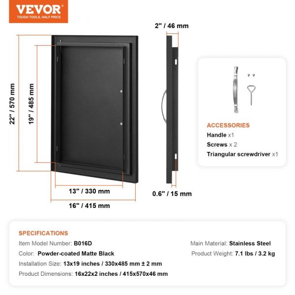 Restaurant Furniture | BBQ Access Door, 16W x 22H Inch Single Outdoor Kitchen Door, Cold Plate Flush Mount Door, Wall Vertical Door with Handle, for BBQ Island, Grilling Station, Outside Cabinet Black Restaurant & Food Service Black