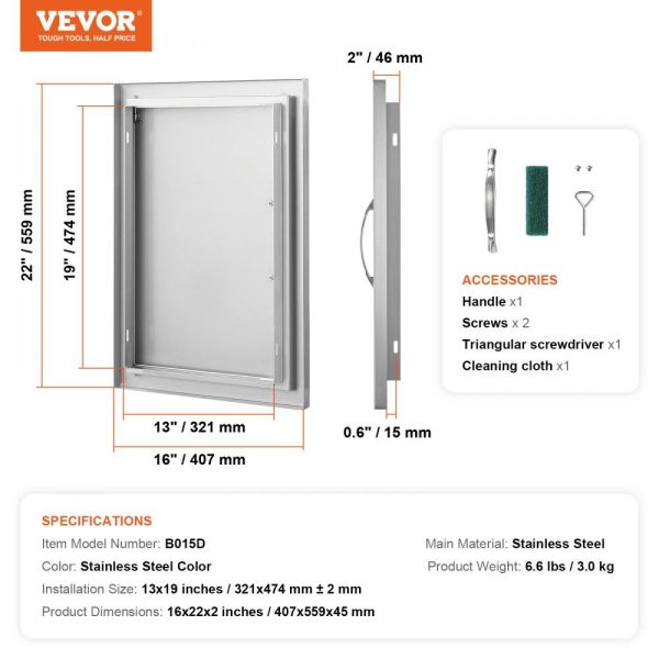 Restaurant Furniture | BBQ Access Door, 16W x 22H Inch Single Outdoor Kitchen Door, Stainless Steel Flush Mount Door, Wall Vertical Door with Handle, for BBQ Island, Grilling Station, Outside Cabinet Silver Restaurant & Food Service Restaurant Furniture