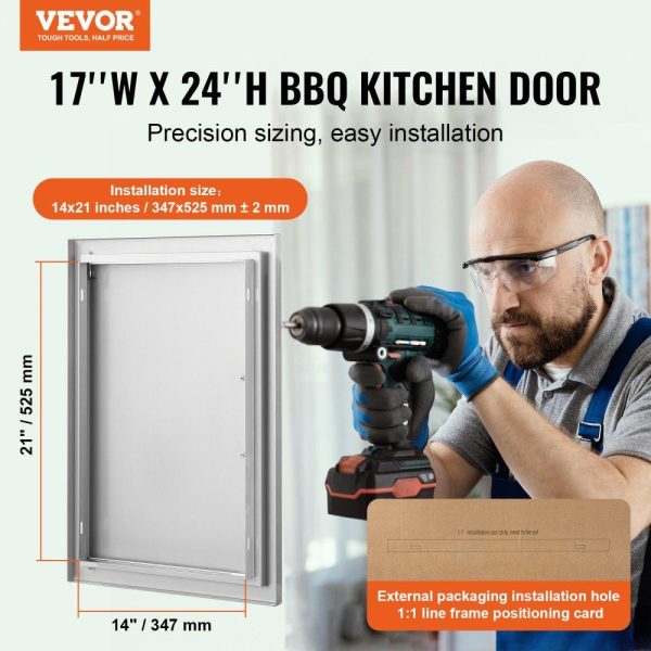 Restaurant Furniture | BBQ Access Door, 17W x 24H Inch Single Outdoor Kitchen Door, Stainless Steel Flush Mount Door, Wall Vertical Door with Handle, for BBQ Island, Grilling Station, Outside Cabinet Silver Restaurant & Food Service Restaurant Furniture