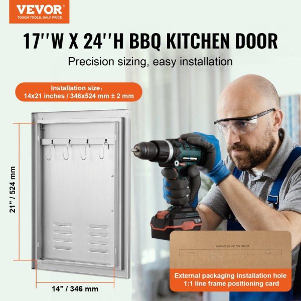 Restaurant Furniture | BBQ Access Door, 17W x 24H Inch Single Outdoor Kitchen Door, Stainless Steel Flush Mount Door, Wall Vertical Door with Handle, Vents and Hook, for BBQ Island, Grilling Station, Outside Cabinet Silver Restaurant & Food Service Restaurant Furniture