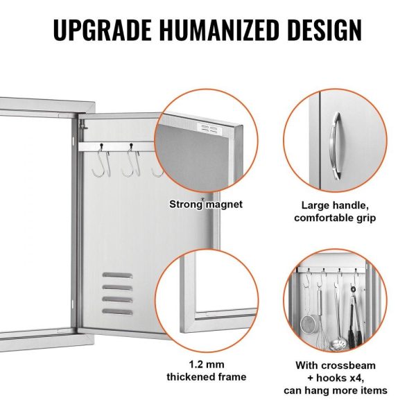 Restaurant Furniture | BBQ Access Door, 17W x 24H Inch Single Outdoor Kitchen Door, Stainless Steel Flush Mount Door, Wall Vertical Door with Handle, Vents and Hook, for BBQ Island, Grilling Station, Outside Cabinet Silver Restaurant & Food Service Restaurant Furniture