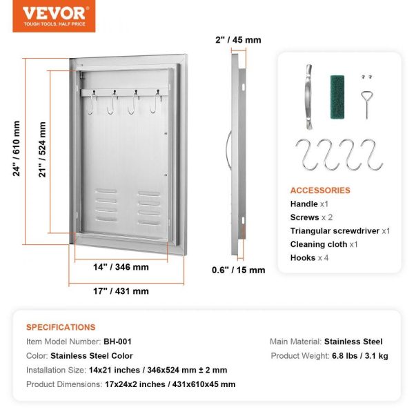 Restaurant Furniture | BBQ Access Door, 17W x 24H Inch Single Outdoor Kitchen Door, Stainless Steel Flush Mount Door, Wall Vertical Door with Handle, Vents and Hook, for BBQ Island, Grilling Station, Outside Cabinet Silver Restaurant & Food Service Restaurant Furniture