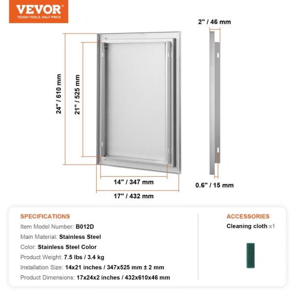 Restaurant Furniture | BBQ Access Door, 17W x 24H Inch Single Outdoor Kitchen Door, Stainless Steel Flush Mount Door, Wall Vertical Door with Recessed Handle, for BBQ Island, Grilling Station, Outside Cabinet Restaurant & Food Service Restaurant Furniture